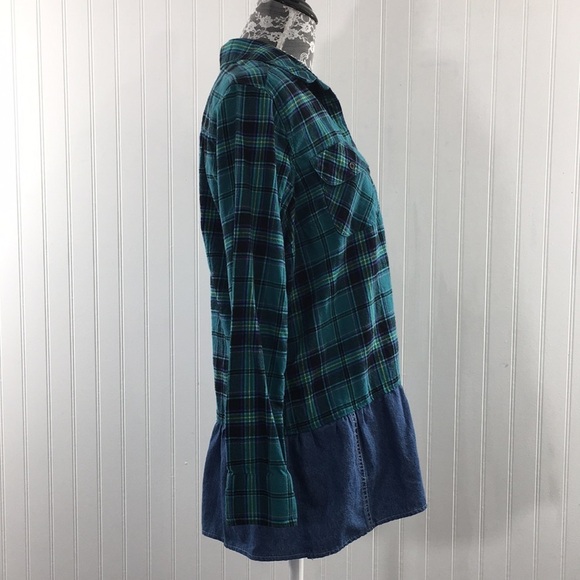 Eddie Bauer Green Blue Plaid Denim Contrast Button Up Shirt‎ Women's Large - Picture 2 of 12